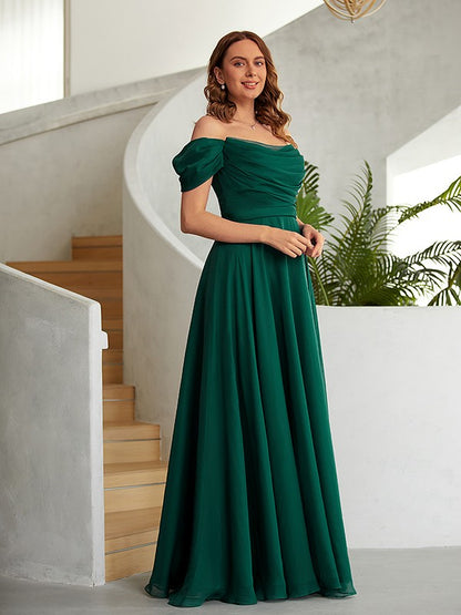 A-Line/Princess 30D Chiffon Ruched Off-the-Shoulder Sleeveless Floor-Length Dresses