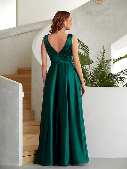 A-Line/Princess  Woven Satin Ruched V-neck Sleeveless Floor-Length Dresses