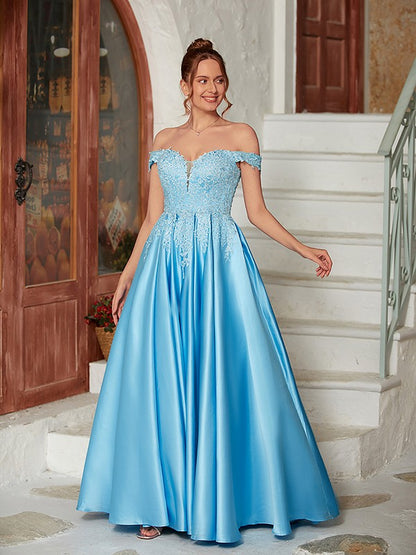 A-Line/Princess Satin Lace Off-the-Shoulder Sleeveless Floor-Length Dresses