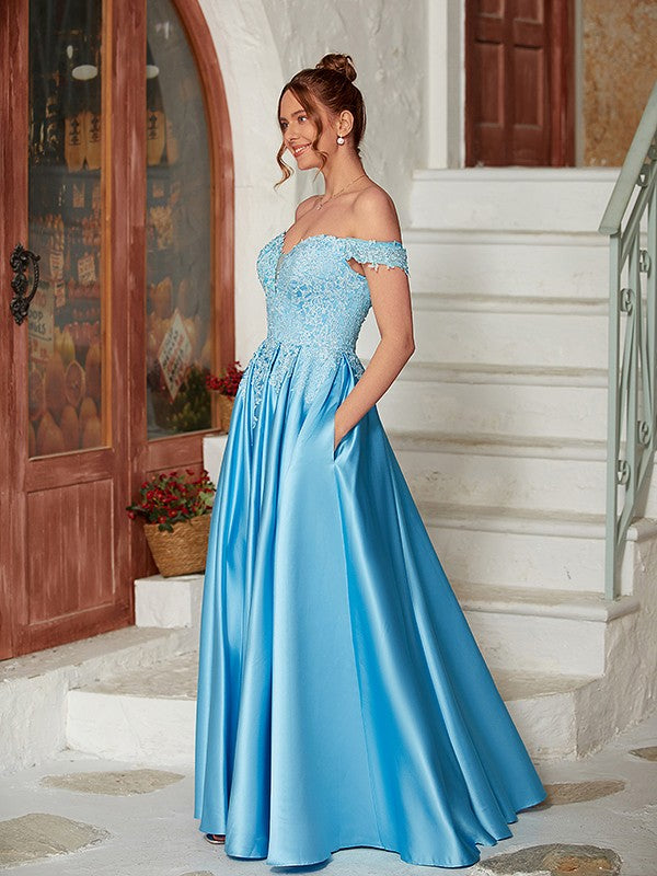 A-Line/Princess Satin Lace Off-the-Shoulder Sleeveless Floor-Length Dresses