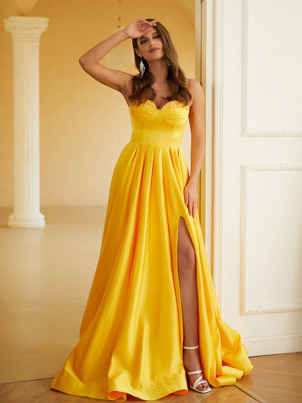 A-Line/Princess Satin Ruffles Spaghetti Straps Sleeveless Floor-Length Dresses