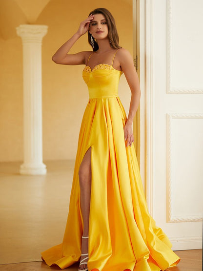 A-Line/Princess Satin Ruffles Spaghetti Straps Sleeveless Floor-Length Dresses