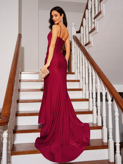 Sheath/Column Jersey Ruched One-Shoulder Sleeveless Court Train Dresse