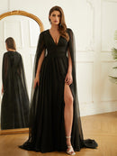 A-Line/Princess 30D Chiffon Ruched V-neck Long Sleeves Floor-Length Dresses