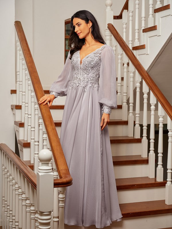 A-Line/Princess 30D Chiffon Applique V-neck Long Sleeves Floor-Length Dresses