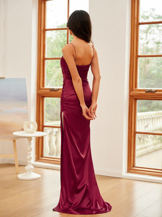 Sheath/Column Silk like Satin Ruched Spaghetti Straps Sleeveless Sweep/Brush Train Dresses