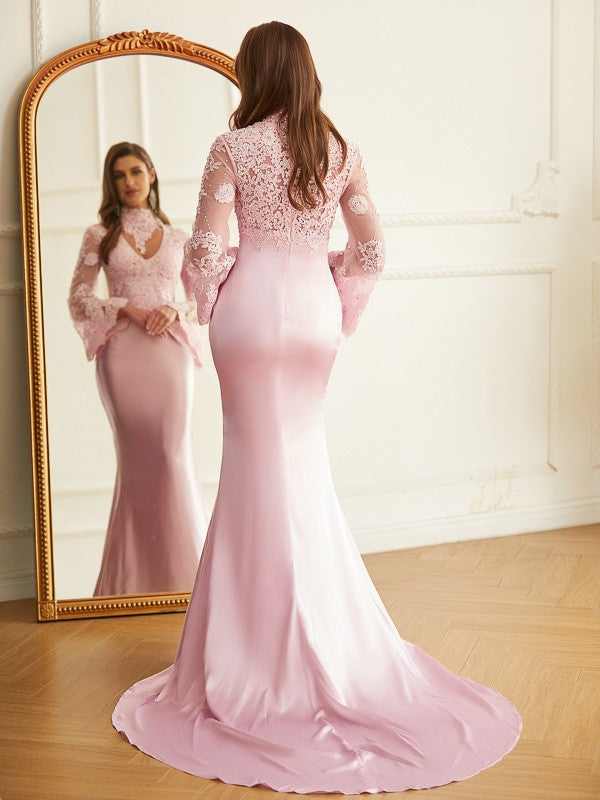 Sheath/Column Silk like Satin Lace High Neck Long Sleeves Sweep/Brush Train Dresses