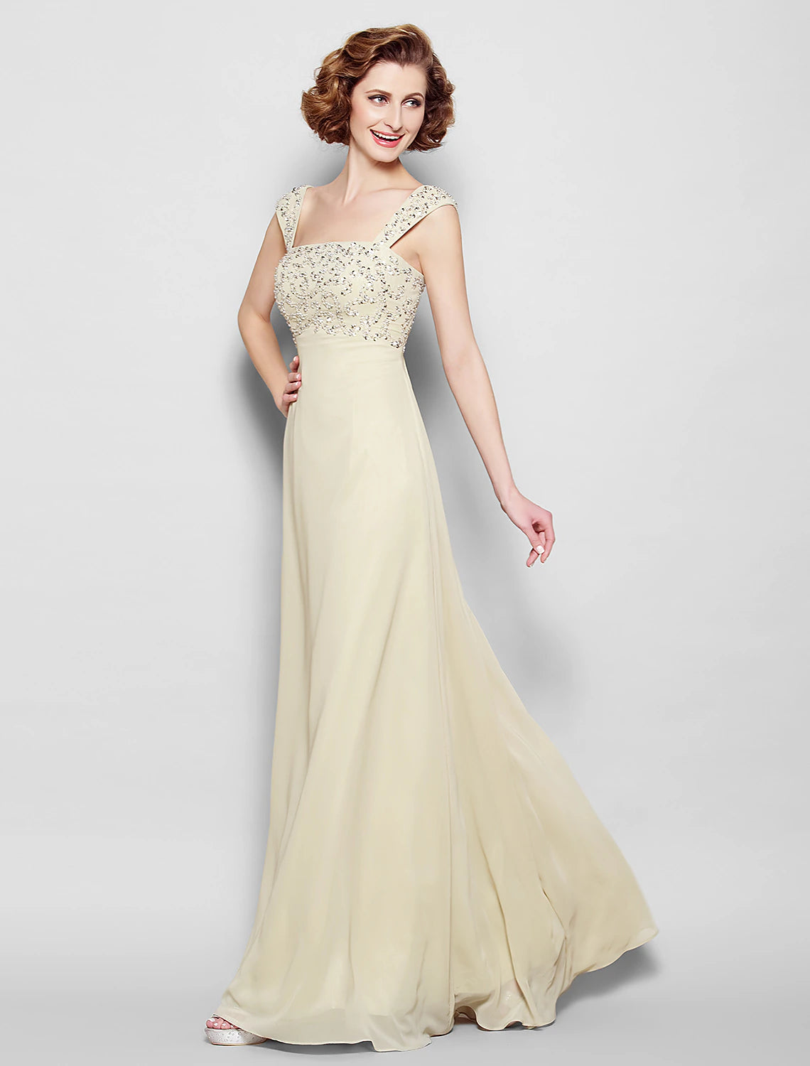 A-Line Mother of the Bride Dress Sparkle & Shine Straps Floor Length Chiffon Sleeveless No with Beading