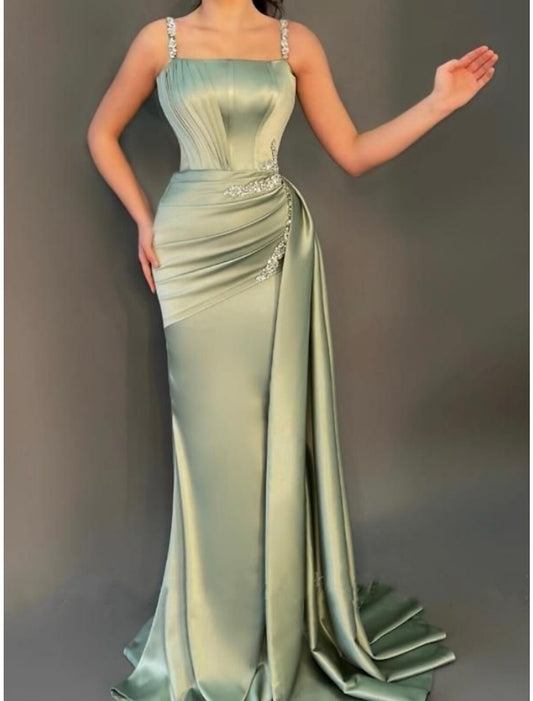 A-Line Evening Gown Elegant Dress Formal Sweep / Brush Train Christmas Red Green Dress Sleeveless Spaghetti Strap Satin with Pleats Ruched Crystals