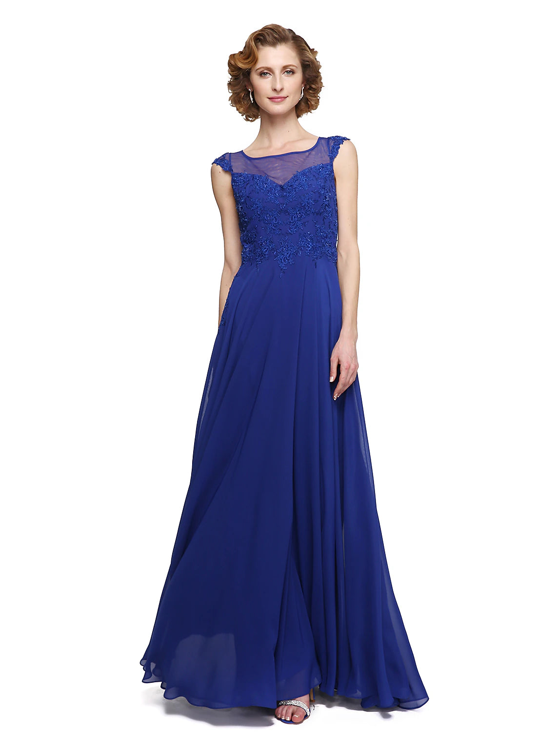 A-Line Mother of the Bride Dress Elegant Jewel Neck Ankle Length Chiffon Lace Sleeveless with Appliques