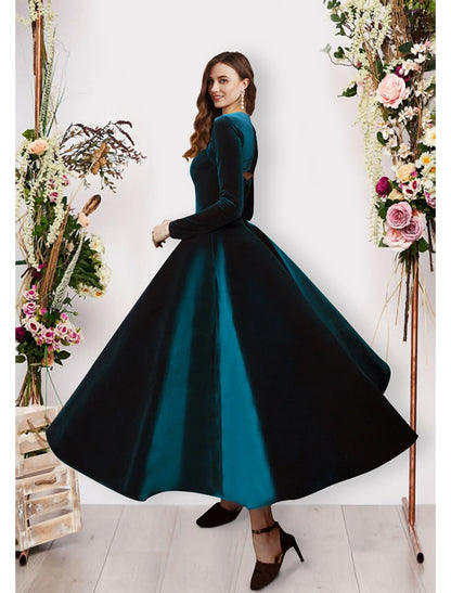 Ball Gown Evening Gown Vintage Dress Prom Formal Evening Ankle Length Long Sleeve Square Neck Velvet with Pure Color