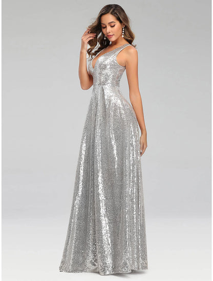 A-Line Prom Dresses Sparkle Dress Wedding Guest Engagement Floor Length Sleeveless V Neck Polyester V Back with Sequin