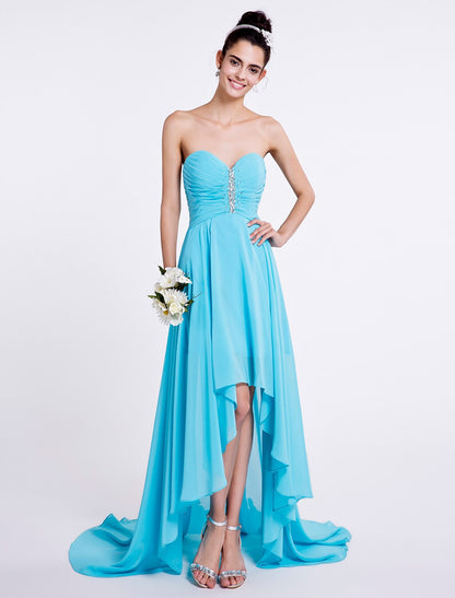 A-Line Bridesmaid Dress Sweetheart Sleeveless Open Back Asymmetrical Chiffon with Ruched / Beading