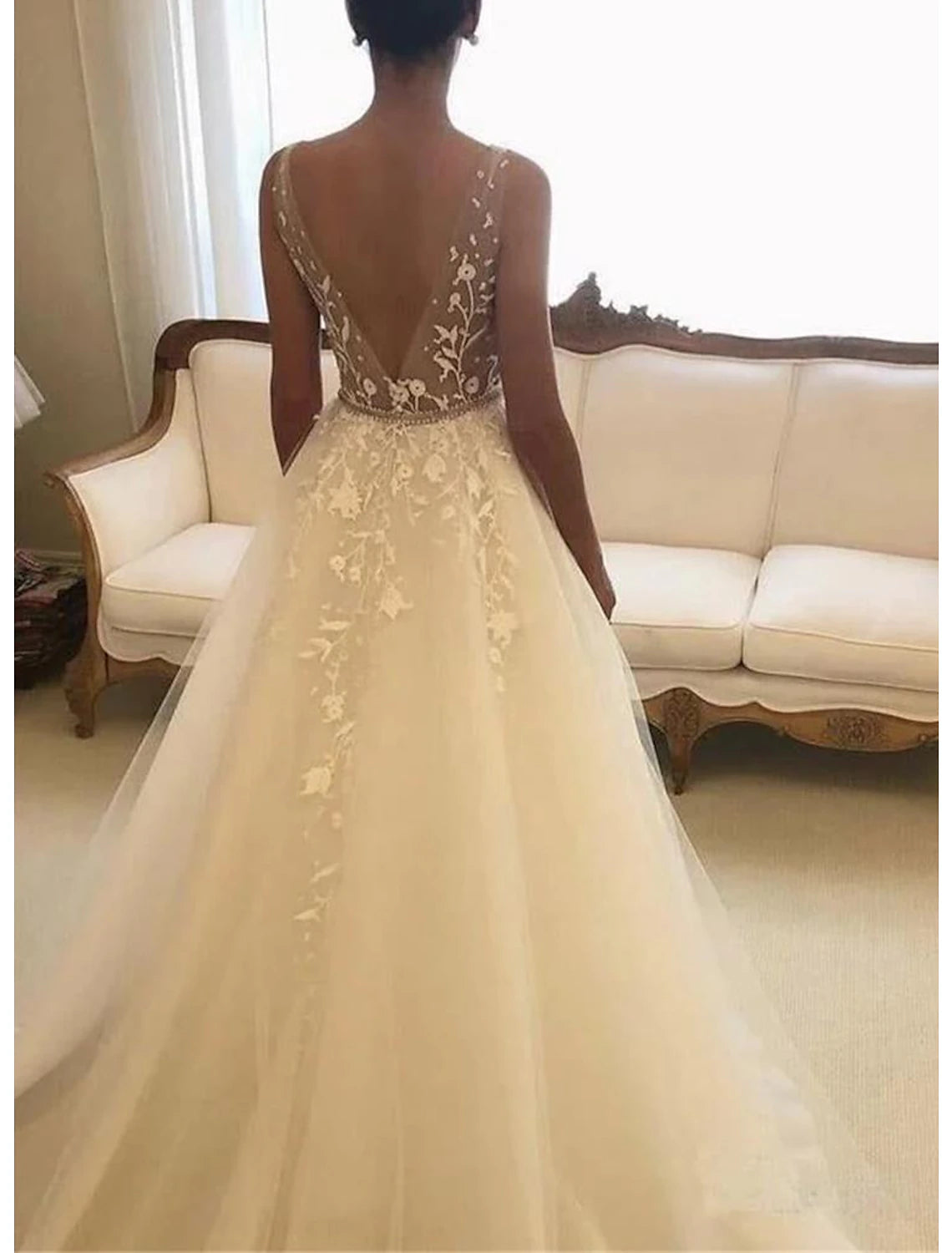 Open Back Formal Wedding Dresses A-Line V Neck Sleeveless Court Train Lace Bridal Gowns With Sash / Ribbon Appliques