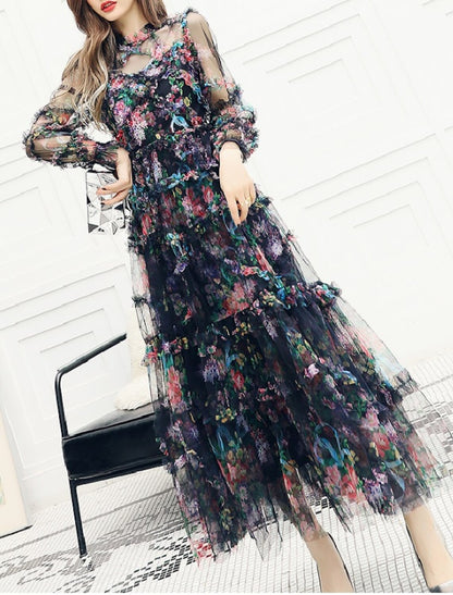 A-Line Prom Dresses Floral Dress Wedding Guest Engagement Ankle Length Long Sleeve Jewel Neck Polyester with Ruffles Pattern / Print