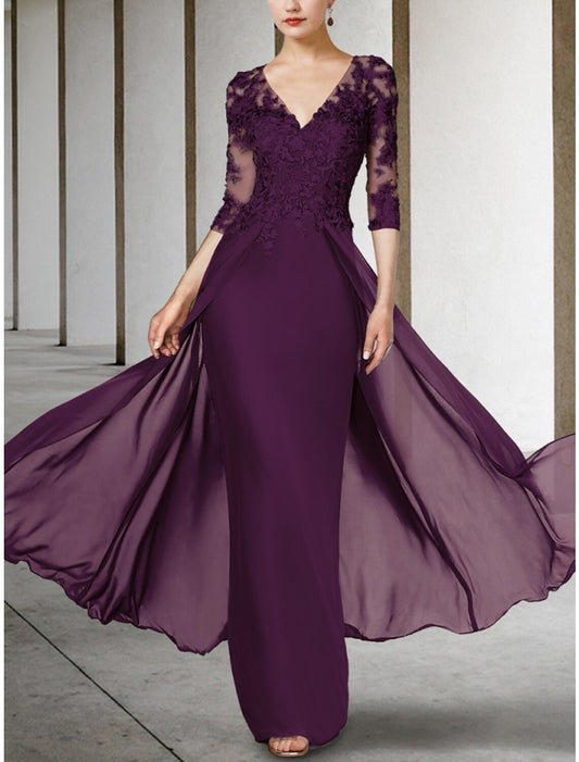 Sheath / Column Mother of the Bride Dress Wedding Guest Elegant V Neck Ankle Length Chiffon Lace Half Sleeve with Ruching Solid Color