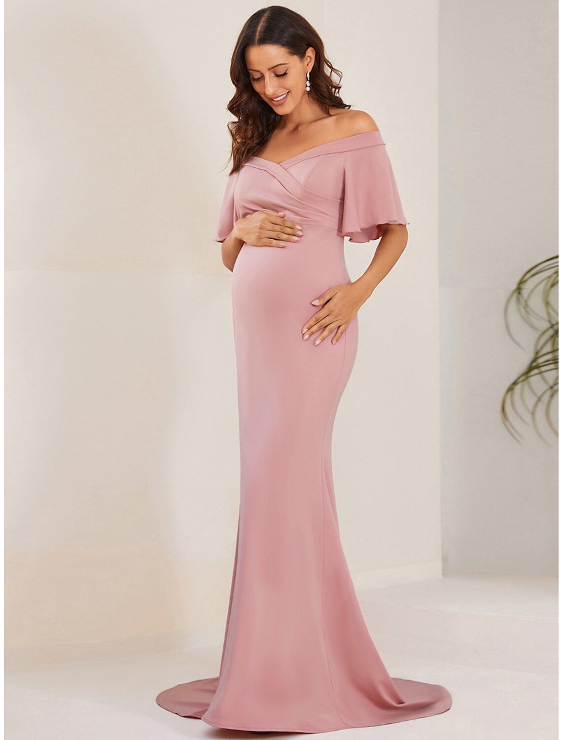 Mermaid / Trumpet Maternity Dresses Maternity Dress Formal Wedding Party Court Train Short Sleeve Off Shoulder Stretch Fabric with Ruched Pure Color