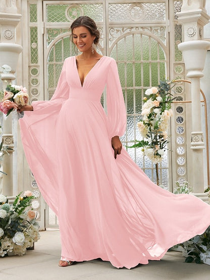 A-Line/Princess Chiffon Ruffles V-neck Long Sleeves Sweep/Brush Train Bridesmaid Dresses