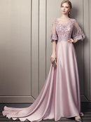 Pink Soft Satin Long Party Dress with Lace Top, A-line Pink Evening Dress Prom Dress