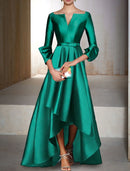 A-Line Evening Gown Elegant Dress Formal Wedding Guest Floor Length 3/4 Length Sleeve V Neck Satin with Bow(s)