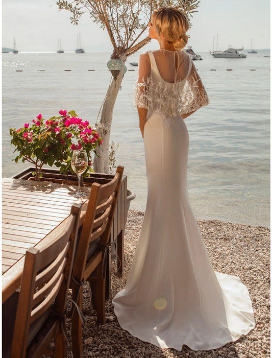 Beach Open Back Casual Wedding Dresses Mermaid / Trumpet Square Neck Sleeveless Sweep / Brush Train Satin Bridal Gowns With Buttons Beading