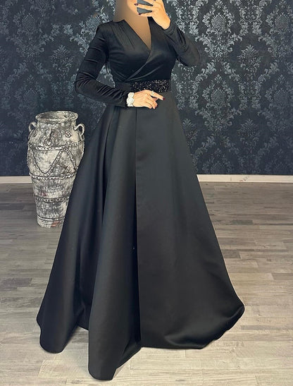 A-Line Evening Gown Elegant Dress Formal Christmas Floor Length Long Sleeve V Neck Satin with Rhinestone Ruched