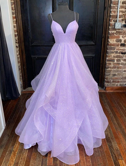 Ball Gown A-Line Prom Dresses Sparkle & Shine Dress Formal Wedding Party Floor Length Sleeveless Sweetheart Tulle Backless with Pleats Ruffles