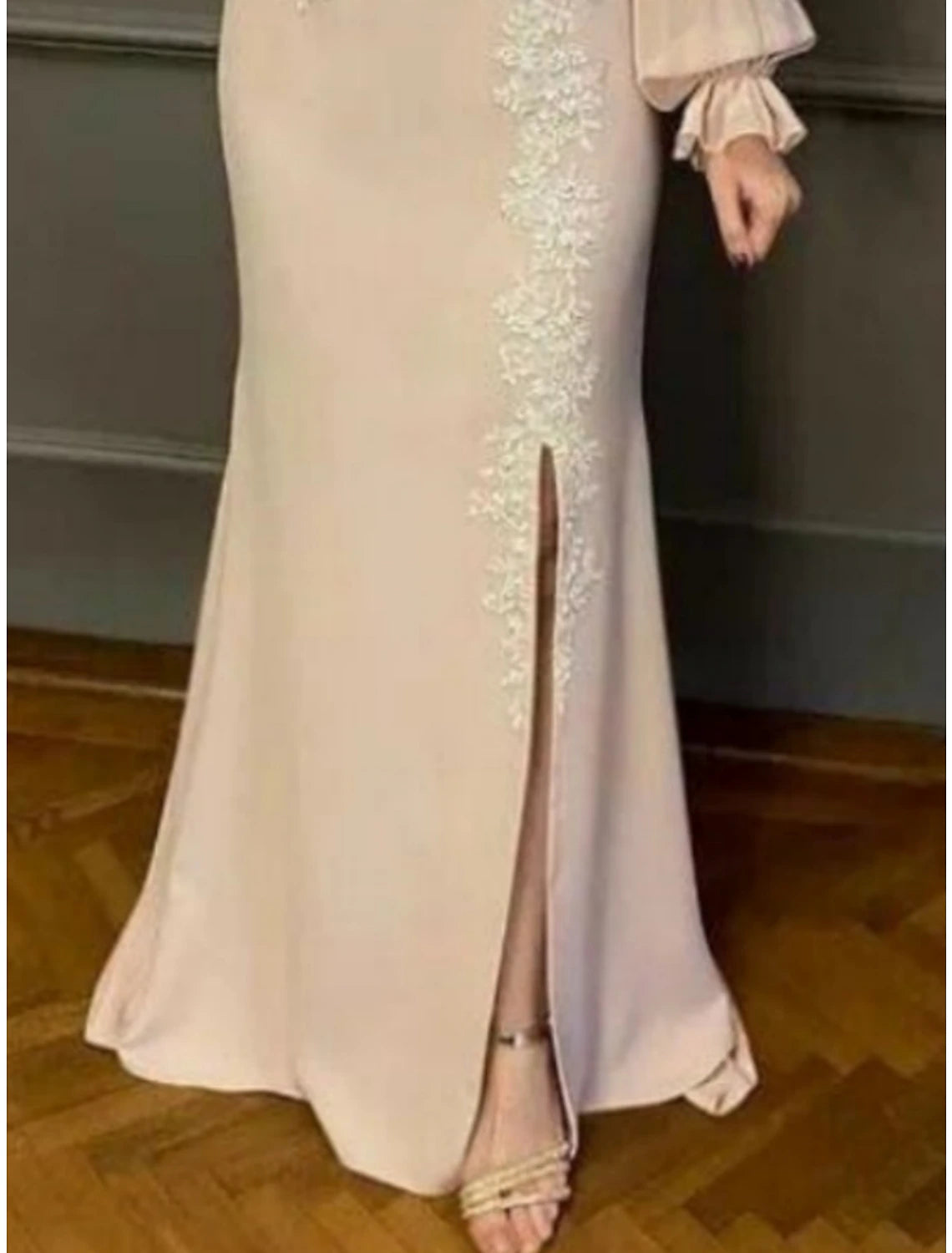 Sheath / Column Mother of the Bride Dress Wedding Guest Party Elegant Off Shoulder Floor Length Chiffon Lace Long Sleeve with Split Front