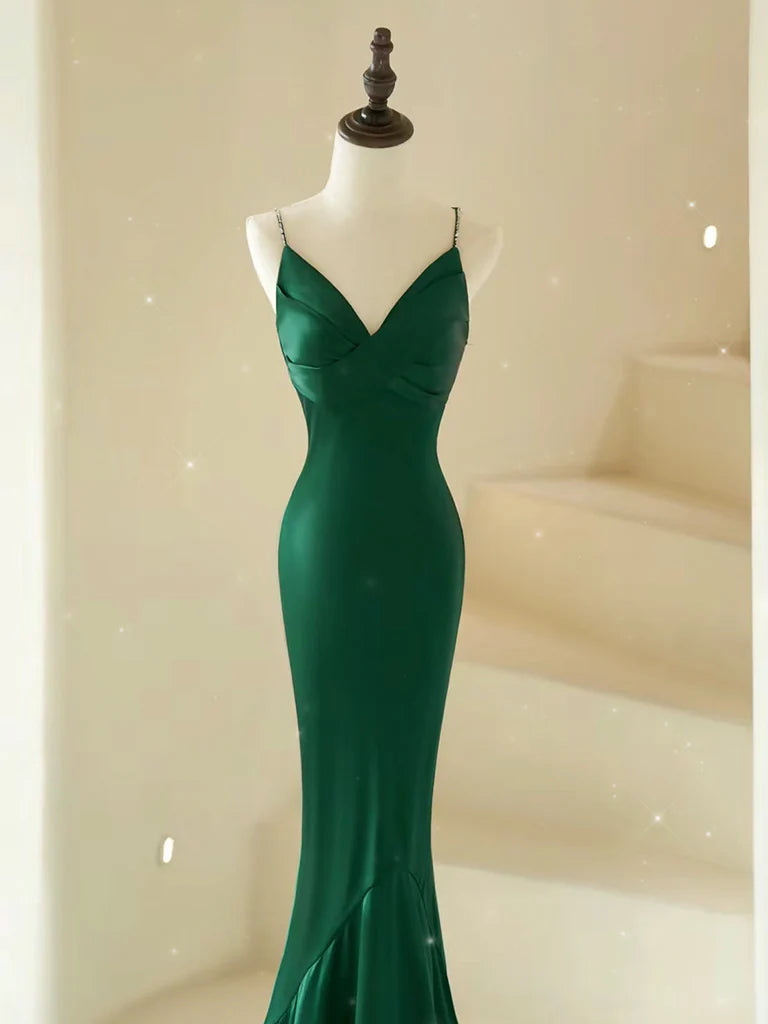 Mermaid Cultivate oneself V Neck Satin Green Long Prom Dress Long Irregular Elegant Party dress