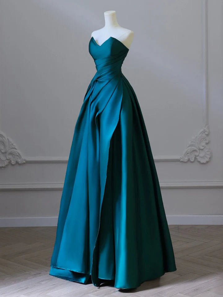 Simple A-Line Evening Dress Strapless Satin Wrinkle Long Elegant Dress