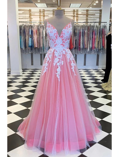 A-Line Prom Dresses Princess Dress Formal Wedding Party Floor Length Sleeveless V Neck Tulle with Pleats Appliques