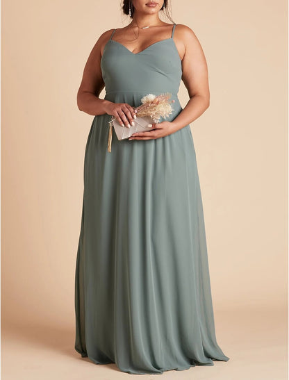 A-Line Bridesmaid Dress Spaghetti Strap Sleeveless Sexy Floor Length Chiffon with Solid Color