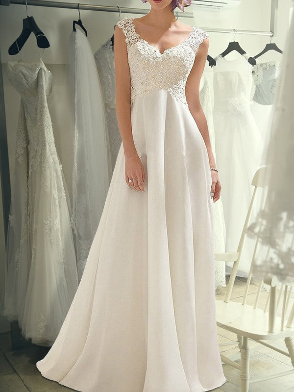 Empire Sleeveless Floor-Length V-neck Lace Chiffon Wedding Dresses