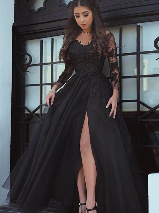 Ball Gown Long Sleeves V-neck Floor-Length Tulle Applique Dresses #