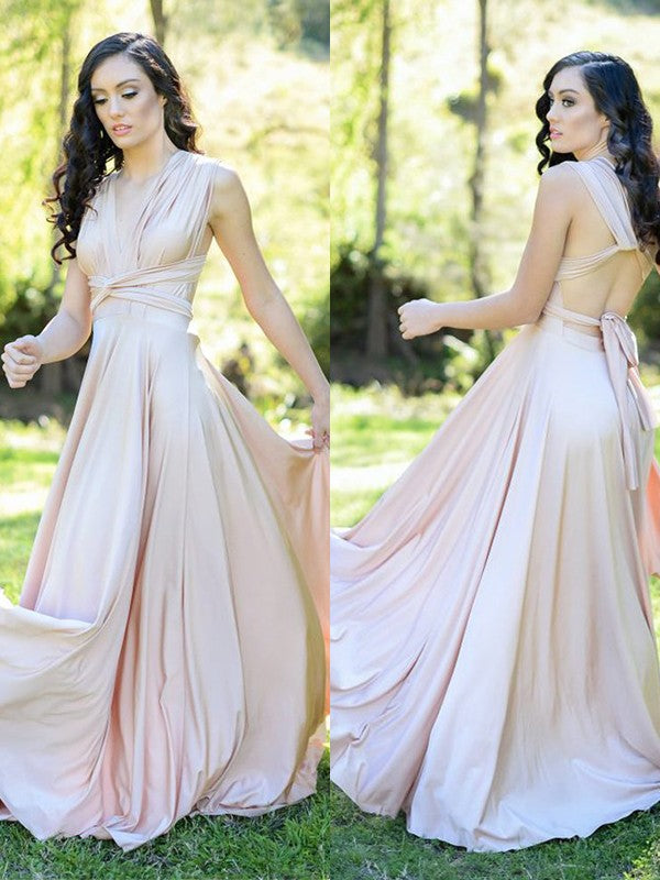 A-Line/Princess Jersey Ruffles V-neck Sleeveless Floor-Length Bridesmaid Dresses