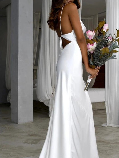 Sheath/Column NS  Woven Satin Ruched Spaghetti Straps Sweep/Brush Train Sleeveless Wedding Dresses