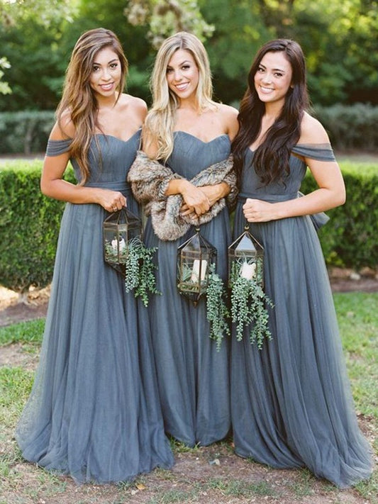 A-Line/Princess Floor-Length Tulle Ruffles Off-the-Shoulder Sleeveless Bridesmaid Dresses