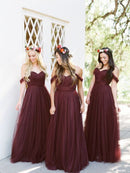 A-Line/Princess Tulle Ruffles Off-the-Shoulder Sleeveless Floor-Length Bridesmaid Dresses