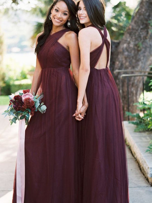 A-Line/Princess Floor-Length Halter Tulle Sleeveless Ruffles Bridesmaid Dresses