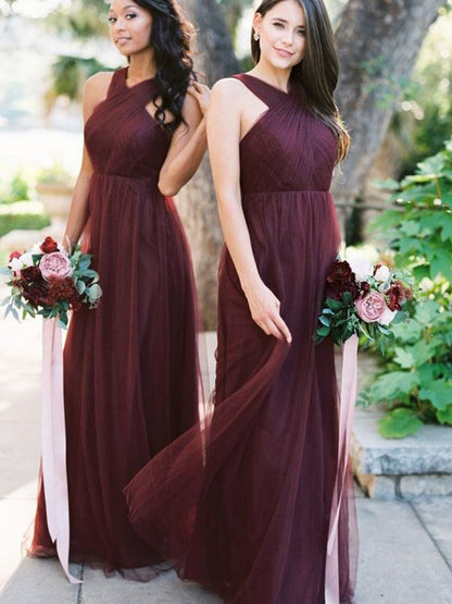 A-Line/Princess Floor-Length Halter Tulle Sleeveless Ruffles Bridesmaid Dresses