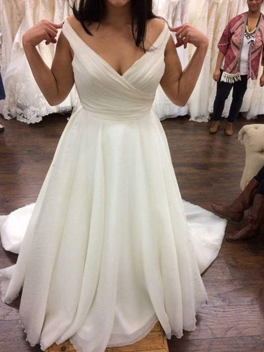 A-Line/Princess V-neck Chiffon Ruffles Sweep/Brush Train Sleeveless Plus Size Wedding Dresses