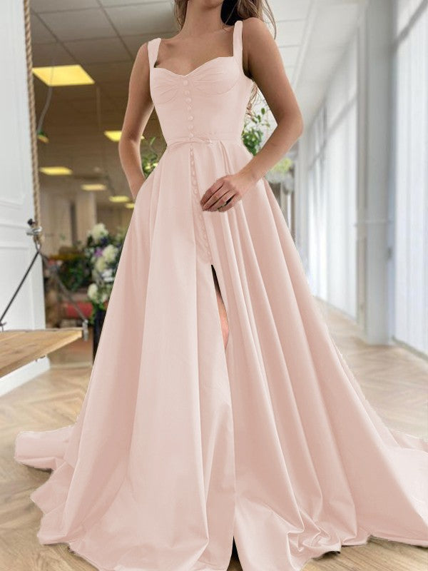 A-Line/Princess Court Train Straps Sleeveless Satin Ruffles Dresses