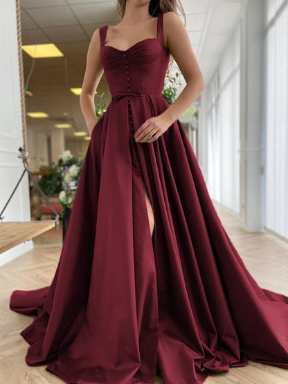 A-Line/Princess Court Train Straps Sleeveless Satin Ruffles Dresses