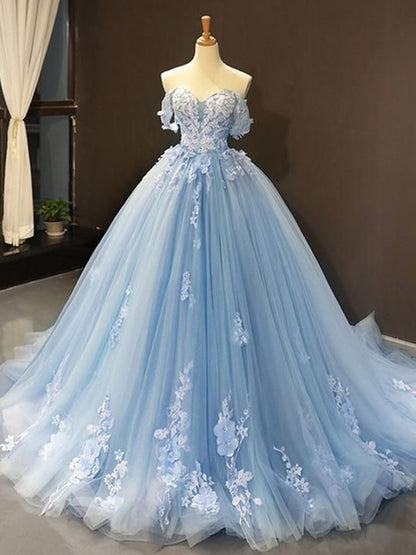 Ball Gown Tulle Off-the-Shoulder Sleeveless Applique Chapel Train Dresses