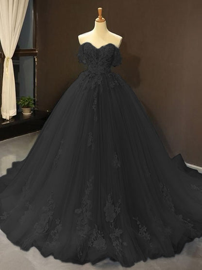 Ball Gown Tulle Off-the-Shoulder Sleeveless Applique Chapel Train Dresses