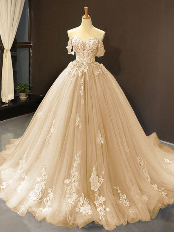 Ball Gown Tulle Off-the-Shoulder Sleeveless Applique Chapel Train Dresses