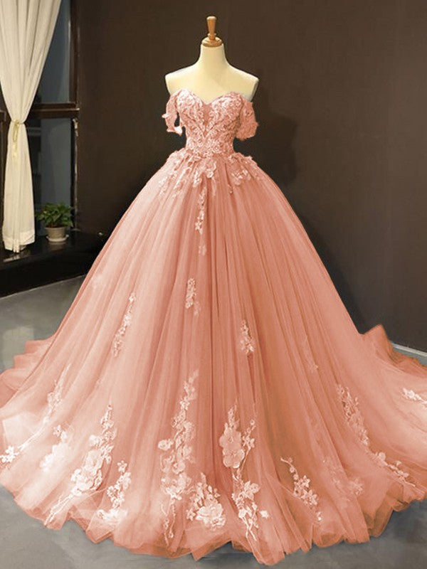 Ball Gown Tulle Off-the-Shoulder Sleeveless Applique Chapel Train Dresses