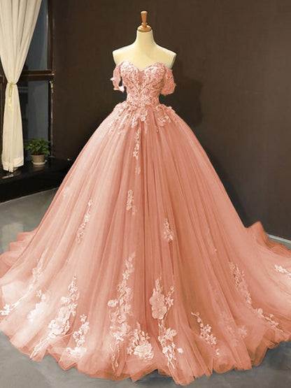 Ball Gown Tulle Off-the-Shoulder Sleeveless Applique Chapel Train Dresses