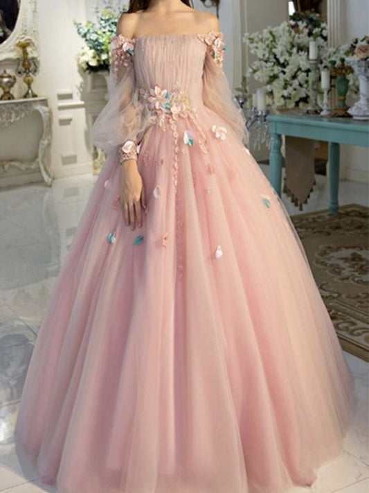 Ball Gown Off-the-Shoulder Tulle Long Sleeves Hand-Made Flower Floor-Length Dresses