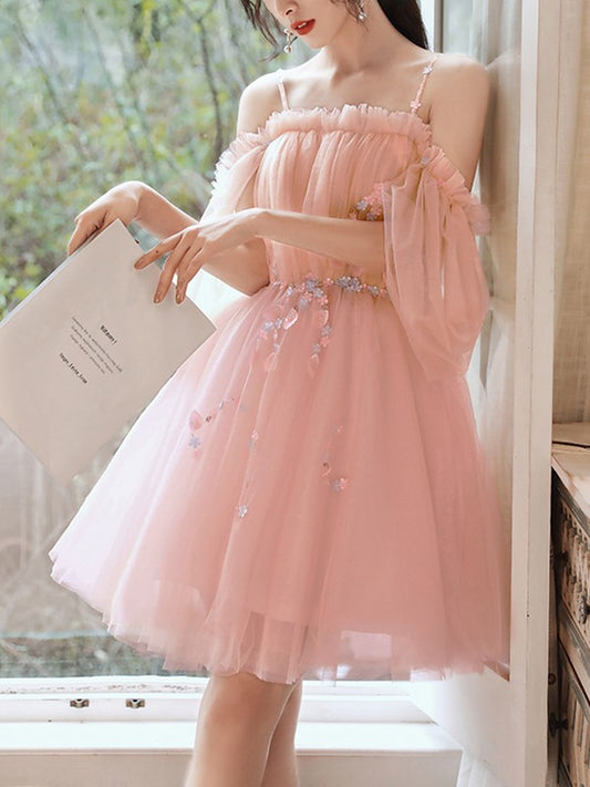 A-Line/Princess Tulle Beading Spaghetti Straps 1/2 Sleeves Short/Mini Dresses